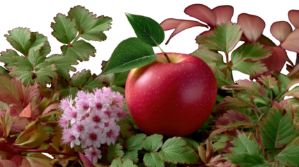 Red Apple in a Lush Green Paradise: A crisp, ripe red apple rests amidst a vibrant array of green leaves and delicate pink flowers, offering a taste of natural freshness and visual delight.