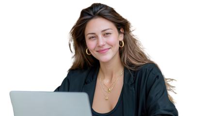 Smiling Entrepreneur: A portrait of a radiant female entrepreneur, her warm smile illuminating as she works on a sleek laptop. conveying a sense of confident ambition and contemporary professionalism.