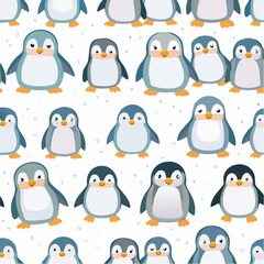 Fototapeta premium A seamless repeating pattern of adorable cartoon penguins with different poses and expressions on a snowy white background.