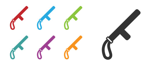 Black Police rubber baton icon isolated on white background. Rubber truncheon. Police Bat. Police equipment. Set icons colorful. Vector