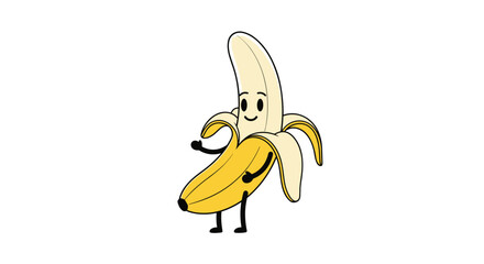 A dancing peeled banana character with a friendly face and waving arm showing off its yellow fruit peel with a white background