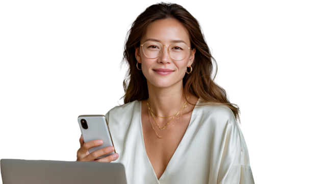 Focused in the Moment: A portrait of a composed young woman at her work, she skillfully balances a smartphone in her left hand while her attention is fixated ahead.