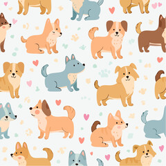A charming and colorful seamless pattern featuring a variety of adorable cartoon dogs in playful poses, interspersed with small hearts and paw prints on a light background.