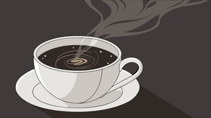 Obraz premium Hot Coffee in a Mug Steam Rising Dark Background Simple Illustration Flat Design Cafe Menu Breakfast Drink Beverage Caffeine Morning Coffee Cozy Vibe Hot Drink Cup and Saucer Coffee Break Relaxation .