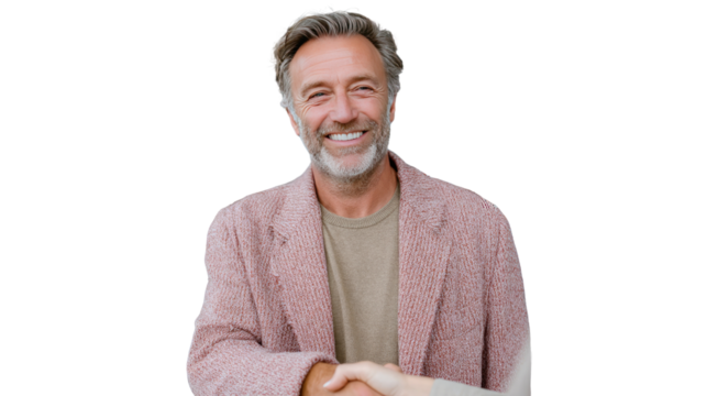 Cordial Collaboration: A refined middle-aged man with silver hair and a warm smile, extends a handshake, symbolizing a partnership, a bond, and mutual respect.