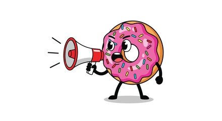Animated donut character shouting through a megaphone with aggressive expression and pink sprinkles on a white background