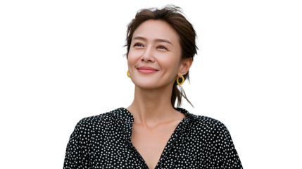 Serene Gaze: A beautiful individual, with a radiant expression and soft gaze, exudes peace and tranquility, their gaze fixed upwards in contemplation, captured in a photorealistic shot. 