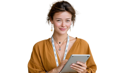 Smart Woman with Tablet: Capturing a professional woman with a confident gaze and a modern tablet in hand, showcasing modern technology and approachable attitude, with minimalist design.