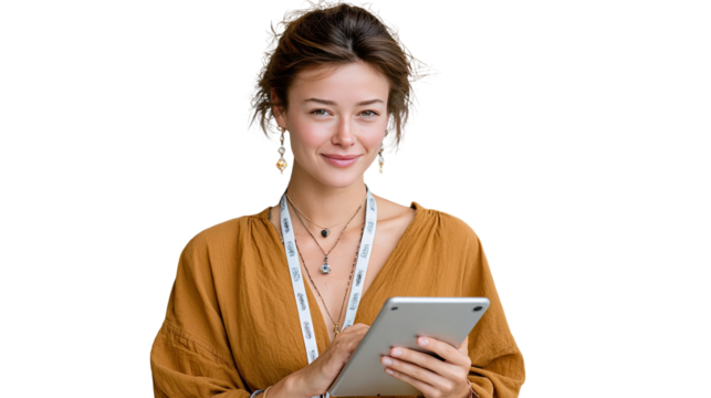 Smart Woman with Tablet: Capturing a professional woman with a confident gaze and a modern tablet in hand, showcasing modern technology and approachable attitude, with minimalist design.