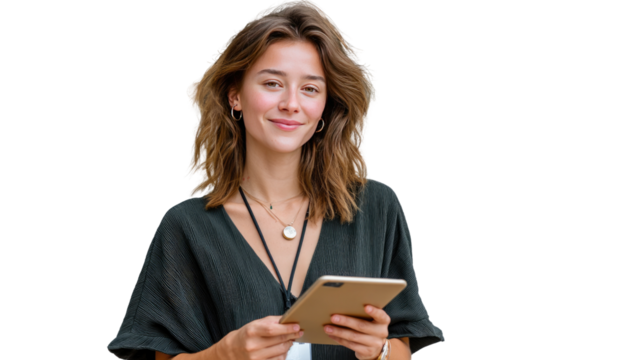 Young Woman with Tablet: A portrait of a young, smiling woman holding a tablet, exuding an air of modern sophistication.