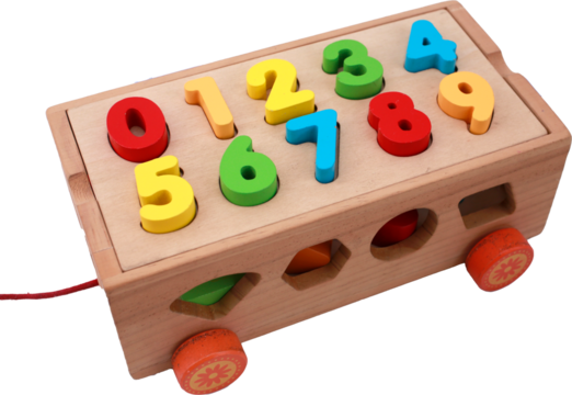 Wooden car toy with numbers and shapes on transparent background - Powered by Adobe