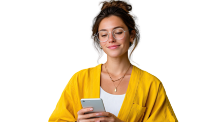 Woman and her smartphone: A young woman, radiating confidence and contentment, holds a smartphone. with glasses in an open setting, her expression subtly reflecting the digital world.