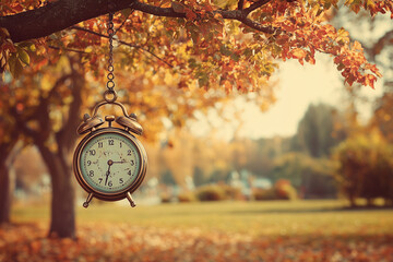 Vintage clock on autumn tree