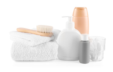 Many different baby bathroom necessities isolated on white