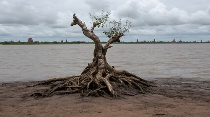 Ancient Tree by River with Temples in Background