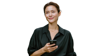 Woman with Smartphone: A sophisticated woman, dressed in a sleek black shirt, gazes into the distance, holding a smartphone. Capturing the serene expression of modern life.