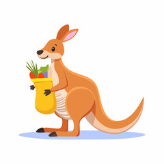 Obraz premium A cheerful cartoon kangaroo stands upright, holding a yellow shopping bag filled with fresh produce, including leafy greens, carrots, and tomatoes.