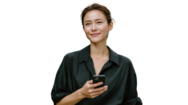 Woman with Smartphone: A sophisticated woman, dressed in a sleek black shirt, gazes into the distance, holding a smartphone. Capturing the serene expression of modern life.