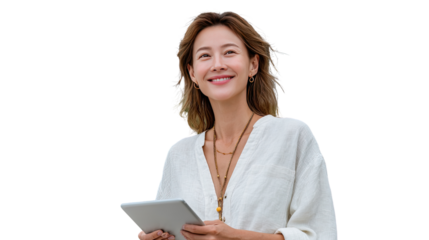 Serene Woman with Tablet: A confident woman in a relaxed pose, joyfully gazing upwards while holding a tablet. This image celebrates a tranquil moment.