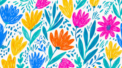 This diverse floral pattern features bold, colorful flowers in shades of blue, yellow, pink, and orange. Naive painting background.