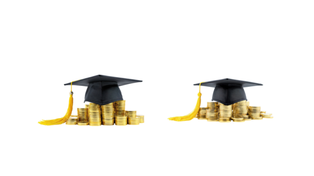 Graduation cap with coins on transparent background png