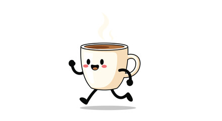 A lively animated coffee cup character trotting forward with joyful expression and steam rising from its contents