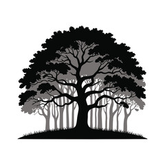 Oak Tree Silhouette Illustration with Forest Background in Black and White Vector