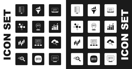 Set Data analysis, Mind map infographic, Server, Pie chart, Sales funnel with, Search cloud computing and Browser stocks market icon. Vector