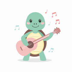 Fototapeta premium Cute cartoon turtle playing a guitar, surrounded by musical notes.