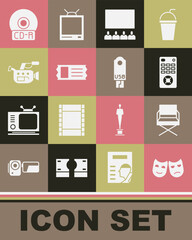 Set Comedy and tragedy masks, Director movie chair, Remote control, Cinema auditorium with screen, ticket, camera, CD DVD disk and USB flash drive icon. Vector