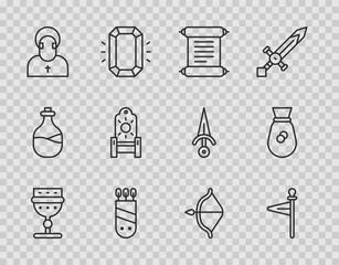 Set line Medieval goblet, flag, Decree, parchment, scroll, Quiver with arrows, Monk, throne, bow and and Old money bag icon. Vector