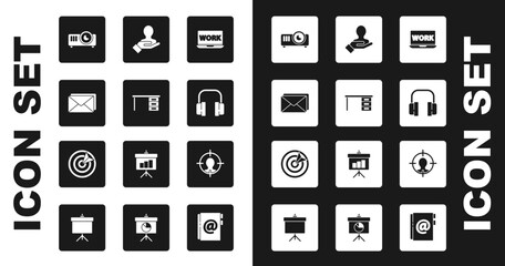Set Laptop with text work, Office desk, Envelope, Movie, film, media projector, Headphones, Hand for search people, hunting concept and Target sport icon. Vector
