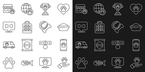 Set line Hands with animals footprint, Veterinary clinic, Pet food bowl, award, carry case, Dog bone, hospital and toys rubber ball icon. Vector