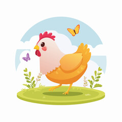 Fototapeta premium Cute cartoon chicken in a grassy field with butterflies, a cheerful spring scene.