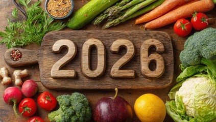 A wooden board displays the year 2026 surrounded by fresh vegetables and fruits, symbolizing a vibrant New Year's celebration intertwined with Christmas cheer and health