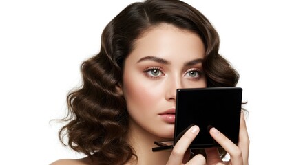Woman holding compact mirror self reflection