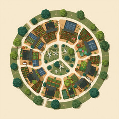 Aerial view of a circular eco-village with solar panels and wind turbines