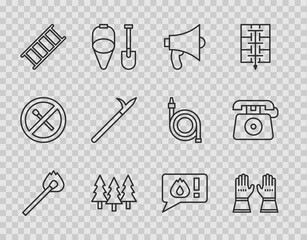 Set line Burning match with fire, Firefighter gloves, Megaphone, Forest, escape, Metal pike pole, Telephone call 911 and icon. Vector