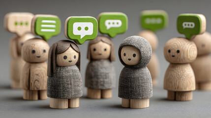 Wooden figures with chat bubbles depicting communication and community 