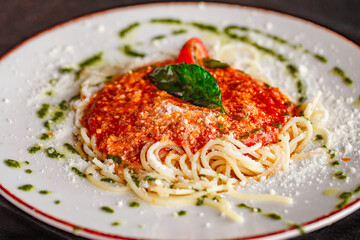 pasta with tomato sauce, close-up, selective focus