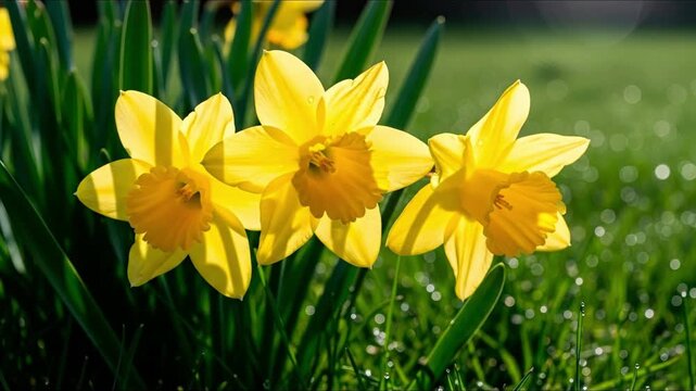 Three yellow daffodils are in bloom in a grassy field on a sunny day