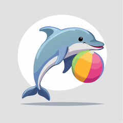 Fototapeta premium A cheerful cartoon dolphin playfully balances a colorful striped ball on its snout, depicted against a soft grey background with a subtle white circle.