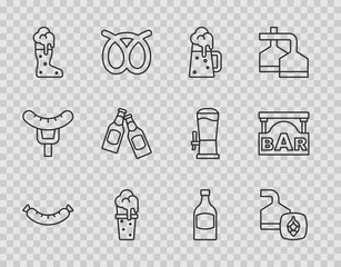 Set line Sausage, Beer brewing process, Wooden beer mug, Glass of, Boot glass, bottle, and Street signboard with Bar icon. Vector