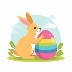 Adorable Easter bunny gently holding a large, colorful striped egg.