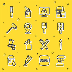 Set line Paint spray gun, brush, Spray can nozzle cap, RGB and CMYK color mixing, roller, and icon. Vector