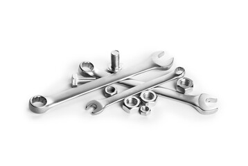 Many metal wrenches, bolts and nuts isolated on white