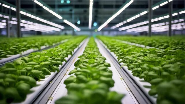 Rows of leafy basil plants growing under LED lights in a modern indoor farm