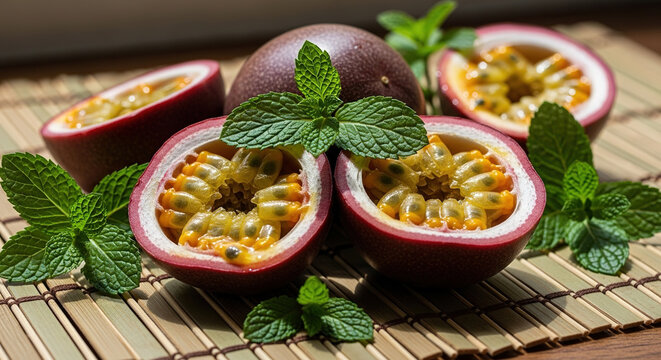 Fresh Passion Fruit Halves with Mint on Bamboo Mat, Close-Up Vie