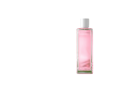minimalist mockup of an elegant pink glass bottle with silver accents, containing a body spray on an isolated on a transparent background in PNG format.