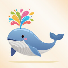 Fototapeta premium Cute cartoon whale with colorful splashes erupting from its head.